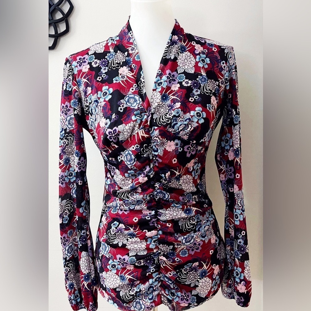 Y2K Bisou Bisou Deep V neck Babydoll Floral Blouse Fall Whimsigoth Workwear
